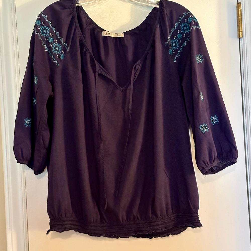 Old Navy Dark Purple Blouse with Blue Embroidery